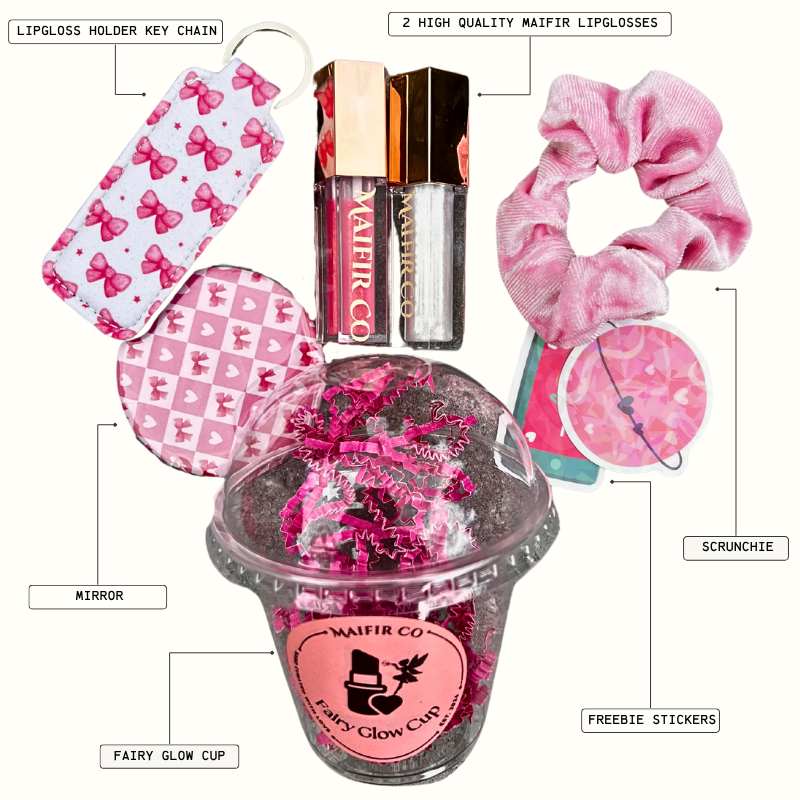 Lipglosses, a mirror, a lipgloss holder, a scrunchie, and freebie stickers.