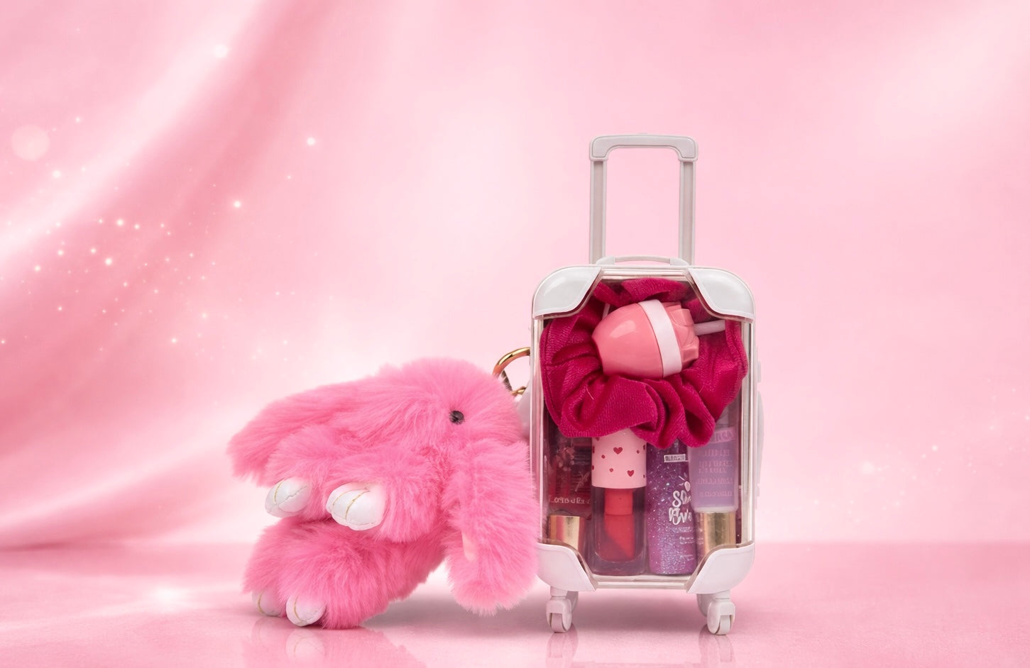 Pink suitcase with teddy bear and pink plush toy on a pink background