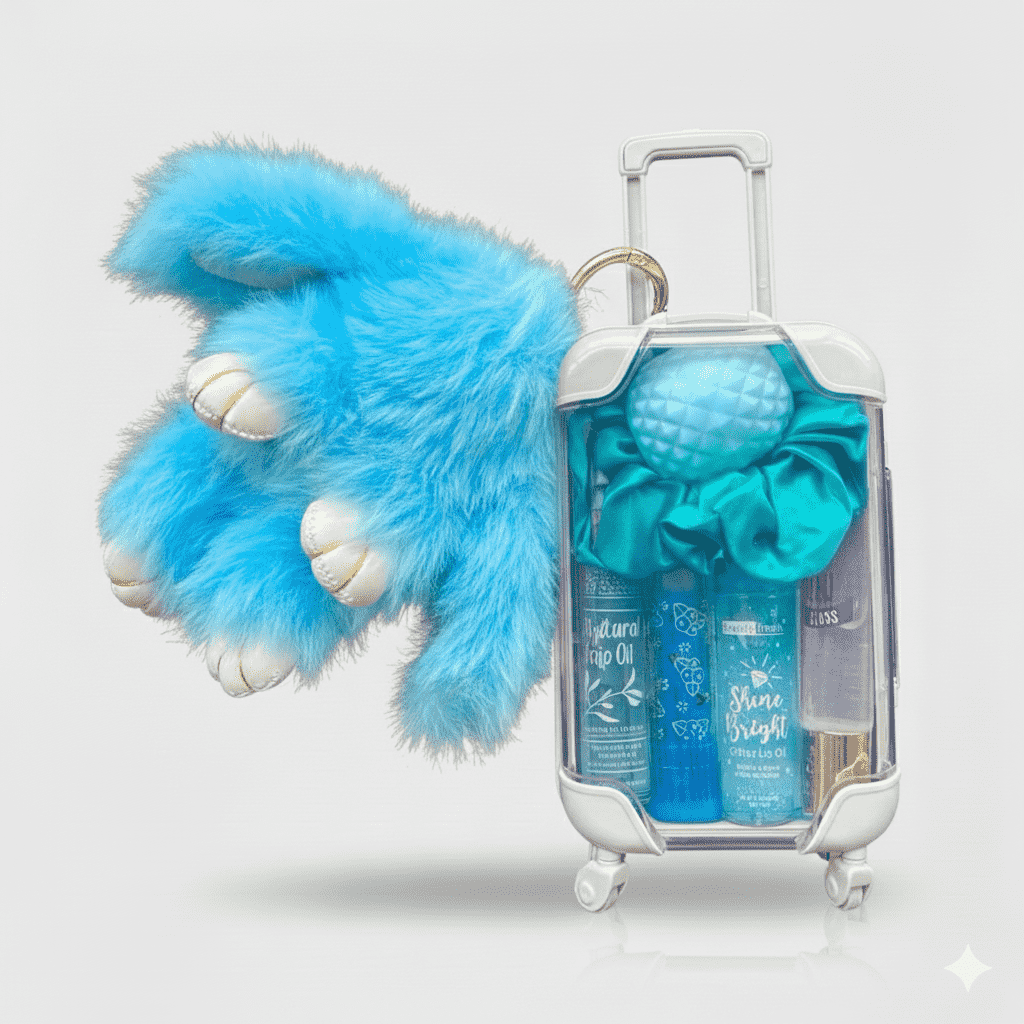 Blue furry toy next to a clear suitcase with blue bottles inside on a light gray background