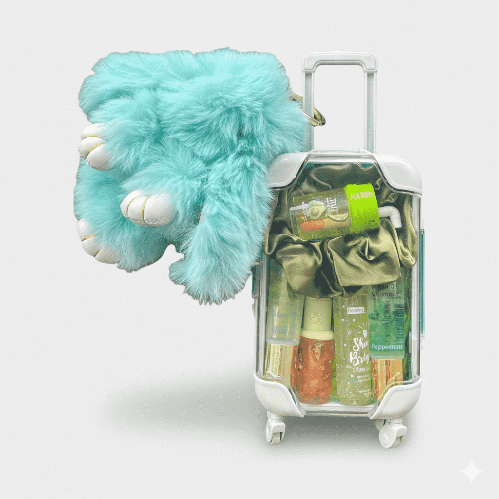 Plush toy next to a small suitcase with bath products inside on a light gray background