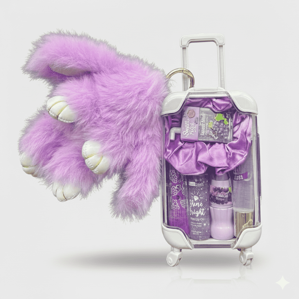 Purple plush toy and a suitcase with purple items on a white background