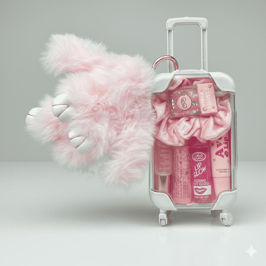 Pink fluffy toy next to a suitcase with pink lip gloss and other items on a gray background