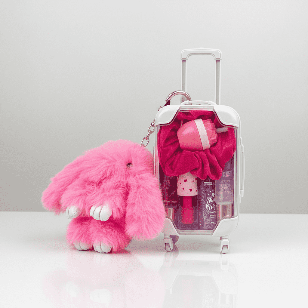 Pink fluffy toy next to a small suitcase with a pink hair dryer inside on a white background