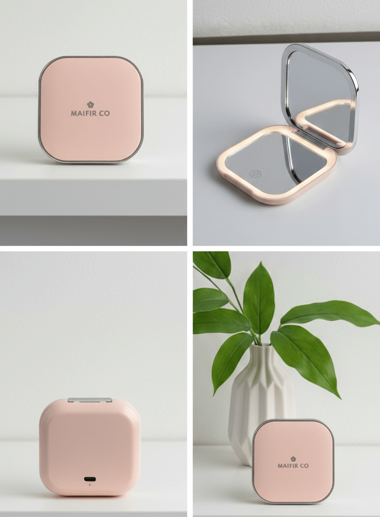 Collage of a pink compact mirror with 'MAIIR CO' branding on a white background.